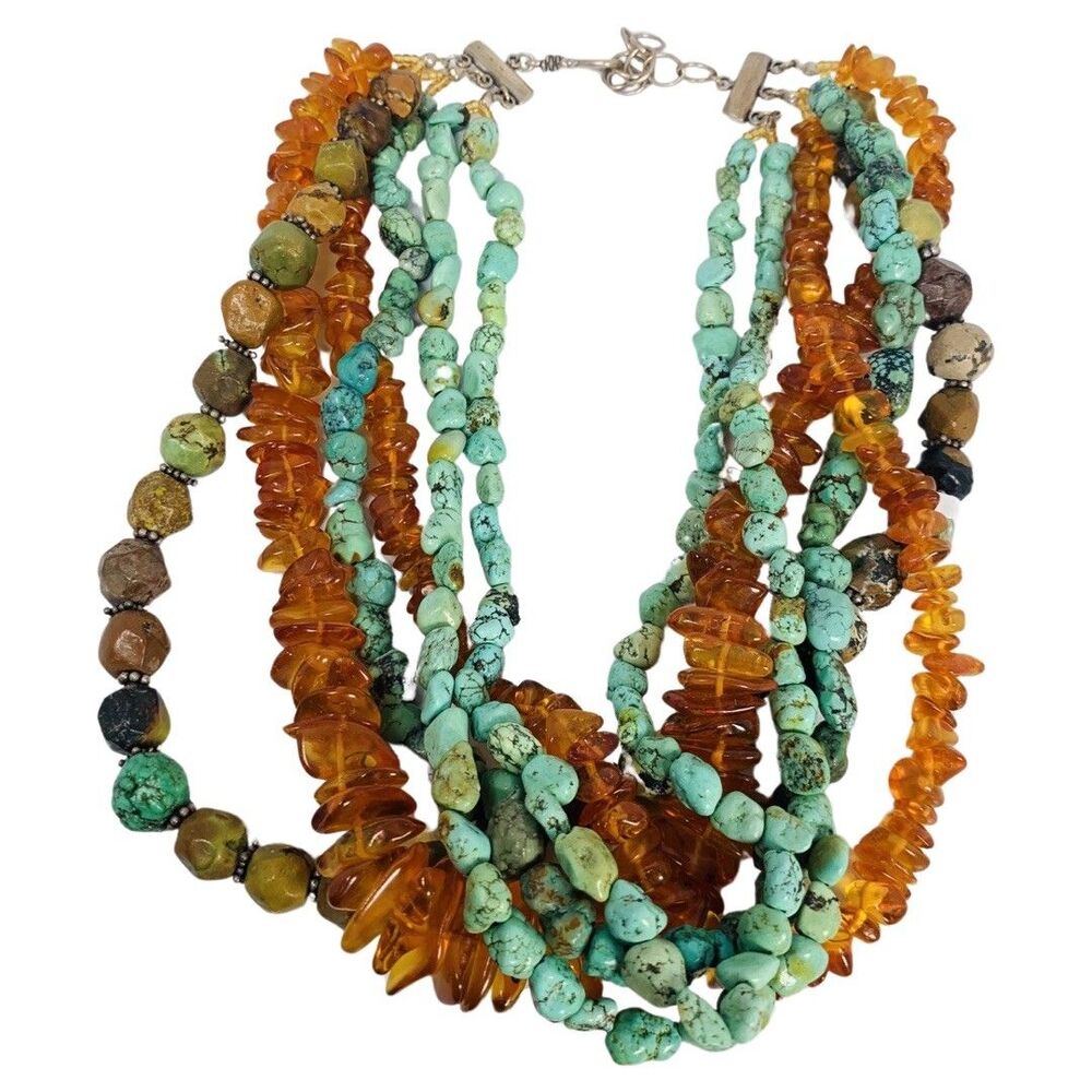 M Salazar 925 Sterling Silver Amber Turquoise Multistrand Statement Necklace 19" - Picture 15 of 16